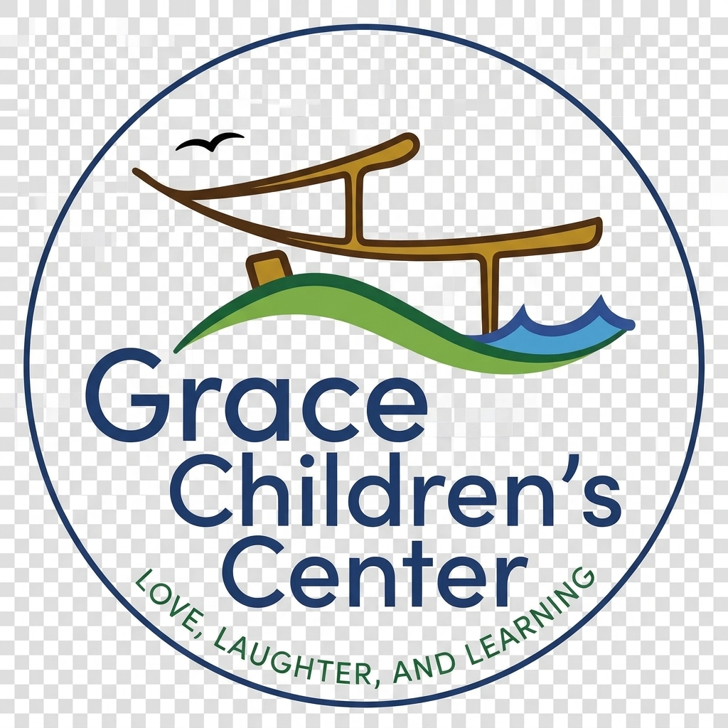 Grace Children's Center circular logo with a pier, hill, and water illustration